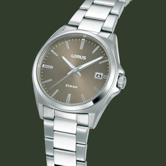 Lorus analog wristwatch with a silver stainless steel link bracelet, a silver case, and a taupe-brown dial with a date window.