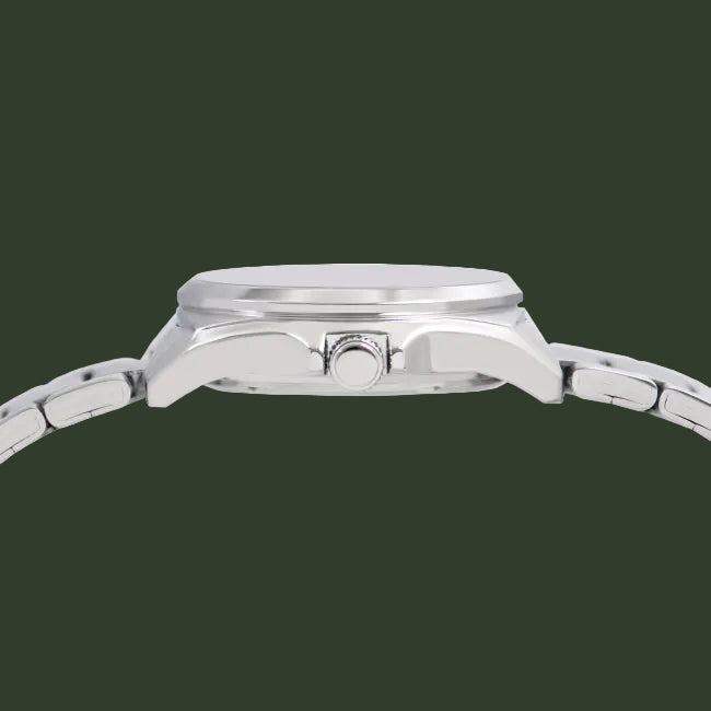 Close-up side view of a silver stainless steel watch with a matching metal link bracelet, featuring a polished case and crown, set against a plain white background.