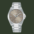 LORUS men's analog watch with a silver stainless steel case and link bracelet, featuring a champagne beige dial with silver-tone hands and hour markers.