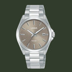 LORUS men's analog watch with a silver stainless steel case and link bracelet, featuring a champagne beige dial with silver-tone hands and hour markers.