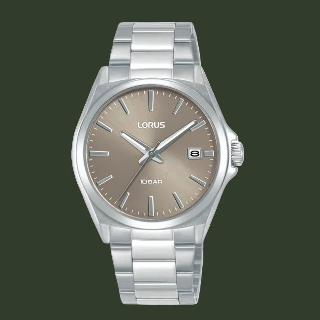 LORUS men's analog watch with a silver stainless steel case and link bracelet, featuring a champagne beige dial with silver-tone hands and hour markers.