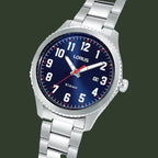A Lorus analog wristwatch with a silver stainless steel case and link bracelet, featuring a deep blue dial with white Arabic numerals and red accents.