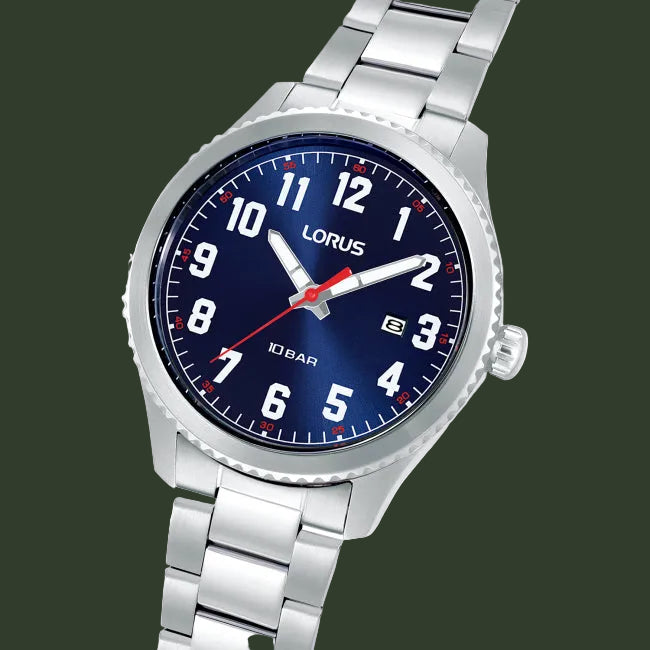 A Lorus analog wristwatch with a silver stainless steel case and link bracelet, featuring a deep blue dial with white Arabic numerals and red accents.