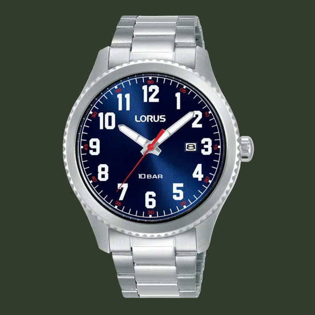 A silver stainless steel wrist watch with a blue dial, white Arabic numerals, and a red second hand. The brand name 'LORUS' is clearly visible on the dial.