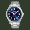 A silver stainless steel wrist watch with a blue dial, white Arabic numerals, and a red second hand. The brand name 'LORUS' is clearly visible on the dial.