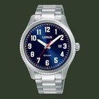 A silver stainless steel wrist watch with a blue dial, white Arabic numerals, and a red second hand. The brand name 'LORUS' is clearly visible on the dial.