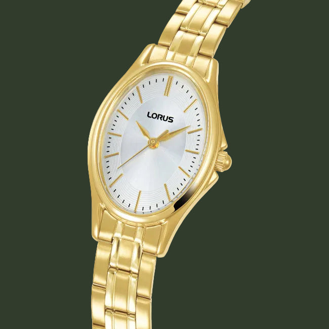 A LORUS women's analog watch with a polished gold-tone oval case and integrated link bracelet, featuring a white sunburst dial with gold-tone hands and indices.