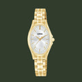 A Lorus women's watch featuring a polished gold-tone metal case and integrated link bracelet, paired with a white dial and gold-tone hands.