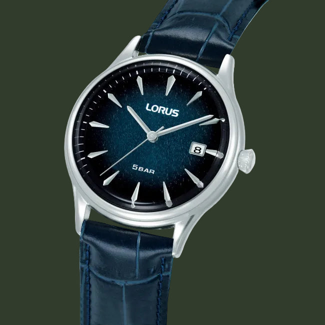 Lorus watch with blue strap and dark face on a white background