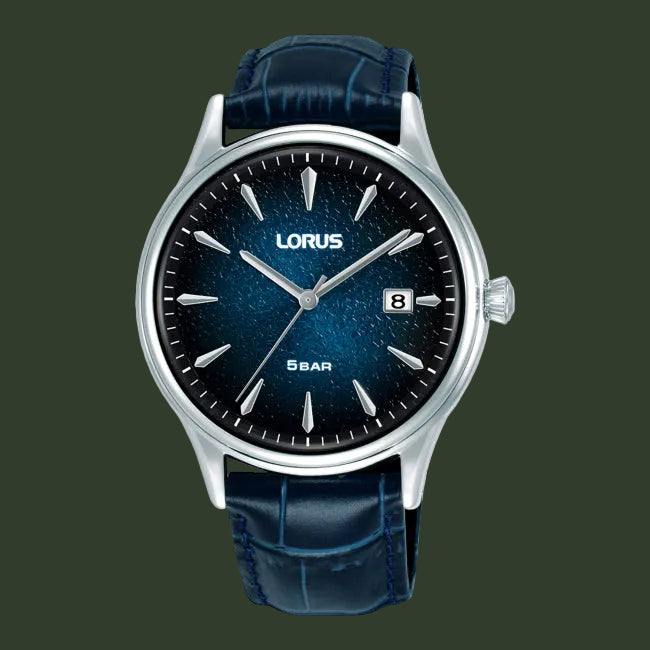 Lorus watch with blue strap and dark blue face on a white background