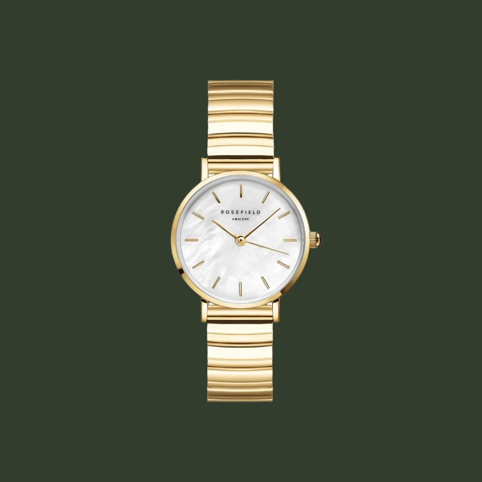 Gold watch with a white face on a light gray background