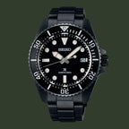 A Seiko Diver's 200m watch with a black resin case and integrated link bracelet, featuring a black dial with white luminous markers and hands.