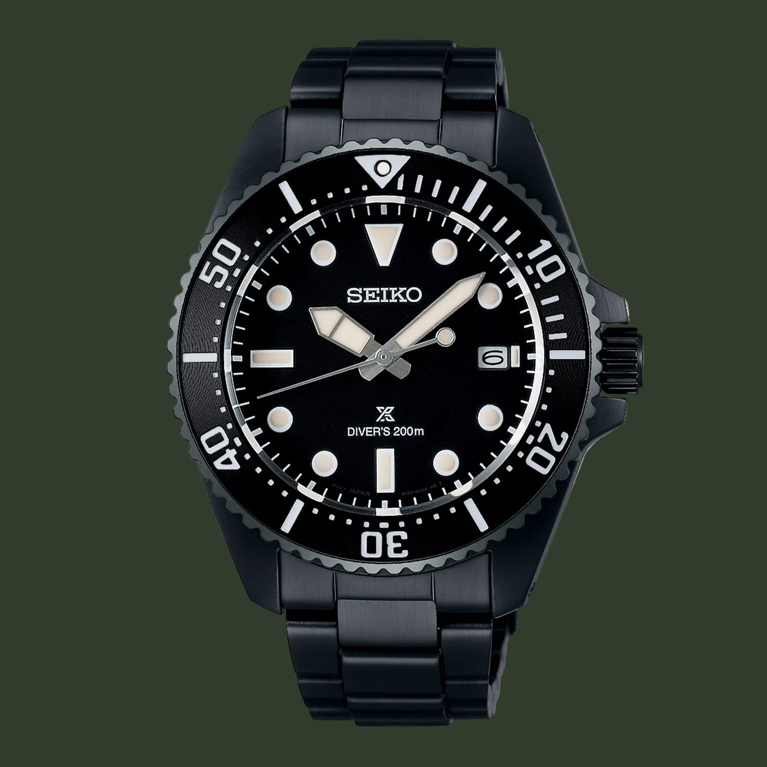 A Seiko Diver's 200m watch with a black resin case and integrated link bracelet, featuring a black dial with white luminous markers and hands.