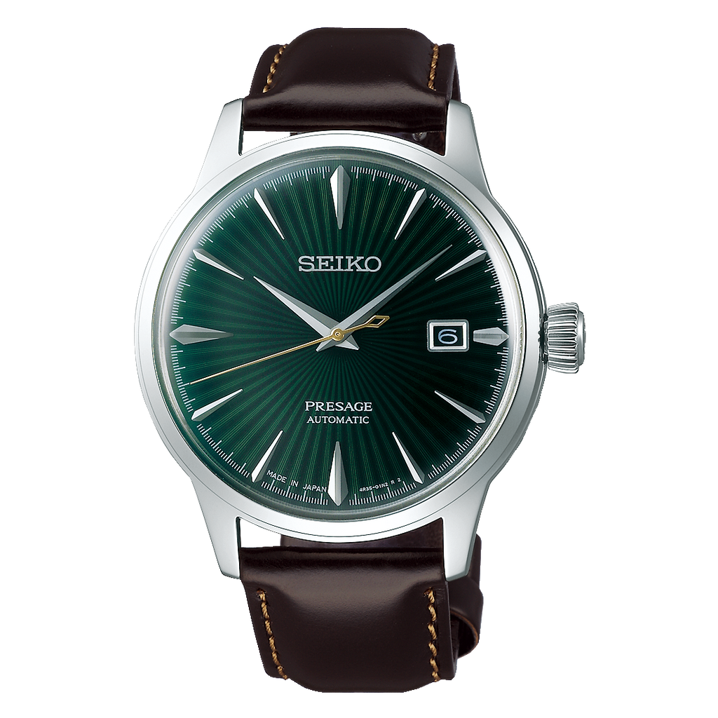 A Seiko Presage Automatic watch with a dark green sunburst dial, silver-tone stainless steel case, and a dark brown leather strap with light tan stitching, shown on a plain white background.