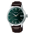 A Seiko Presage Automatic watch with a dark green sunburst dial, silver-tone stainless steel case, and a dark brown leather strap with light tan stitching, shown on a plain white background.