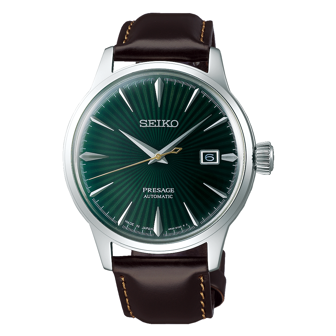 A Seiko Presage Automatic watch with a dark green sunburst dial, silver-tone stainless steel case, and a dark brown leather strap with light tan stitching, shown on a plain white background.