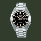 Seiko watch with black dial and silver metal bracelet on a white background