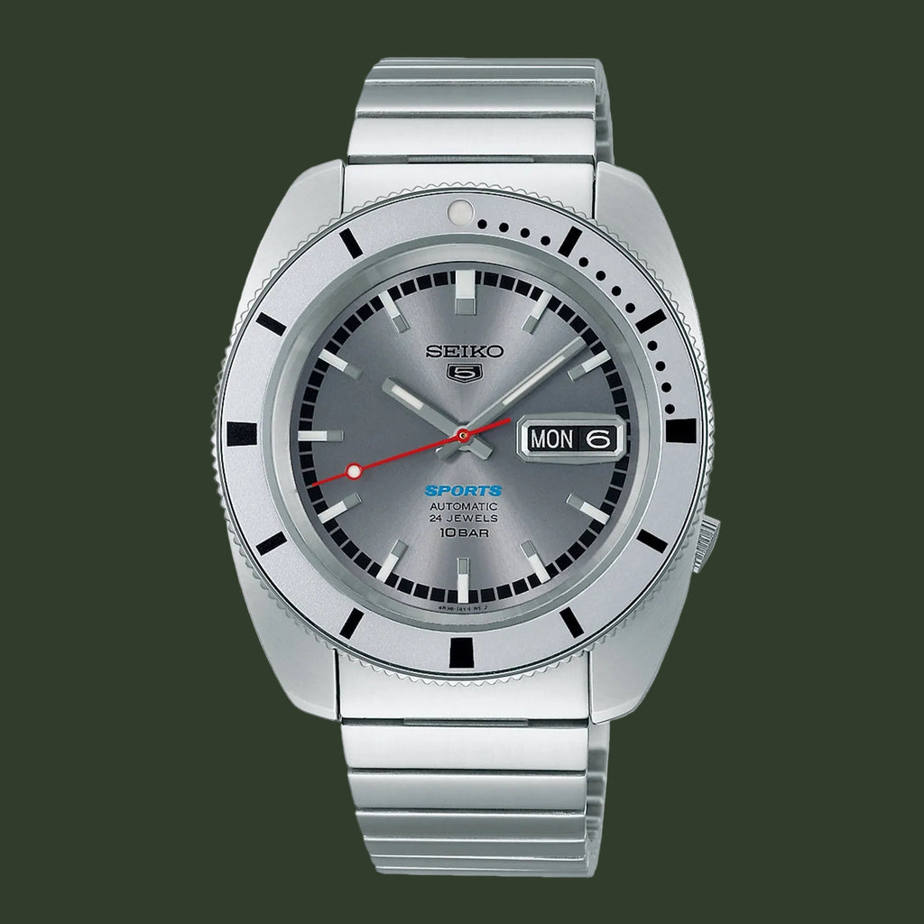Silver Seiko watch with a white background