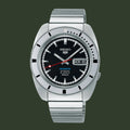 Silver Seiko watch with black face on a white background