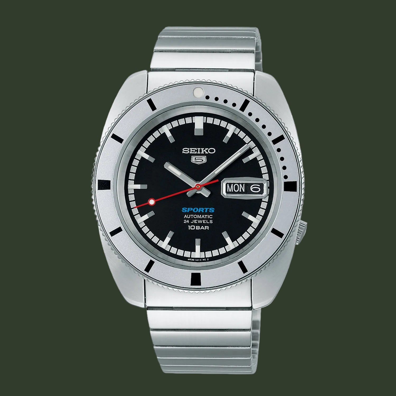 Silver Seiko watch with black face on a white background