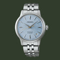 Seiko Presage watch with silver metal bracelet on a white background
