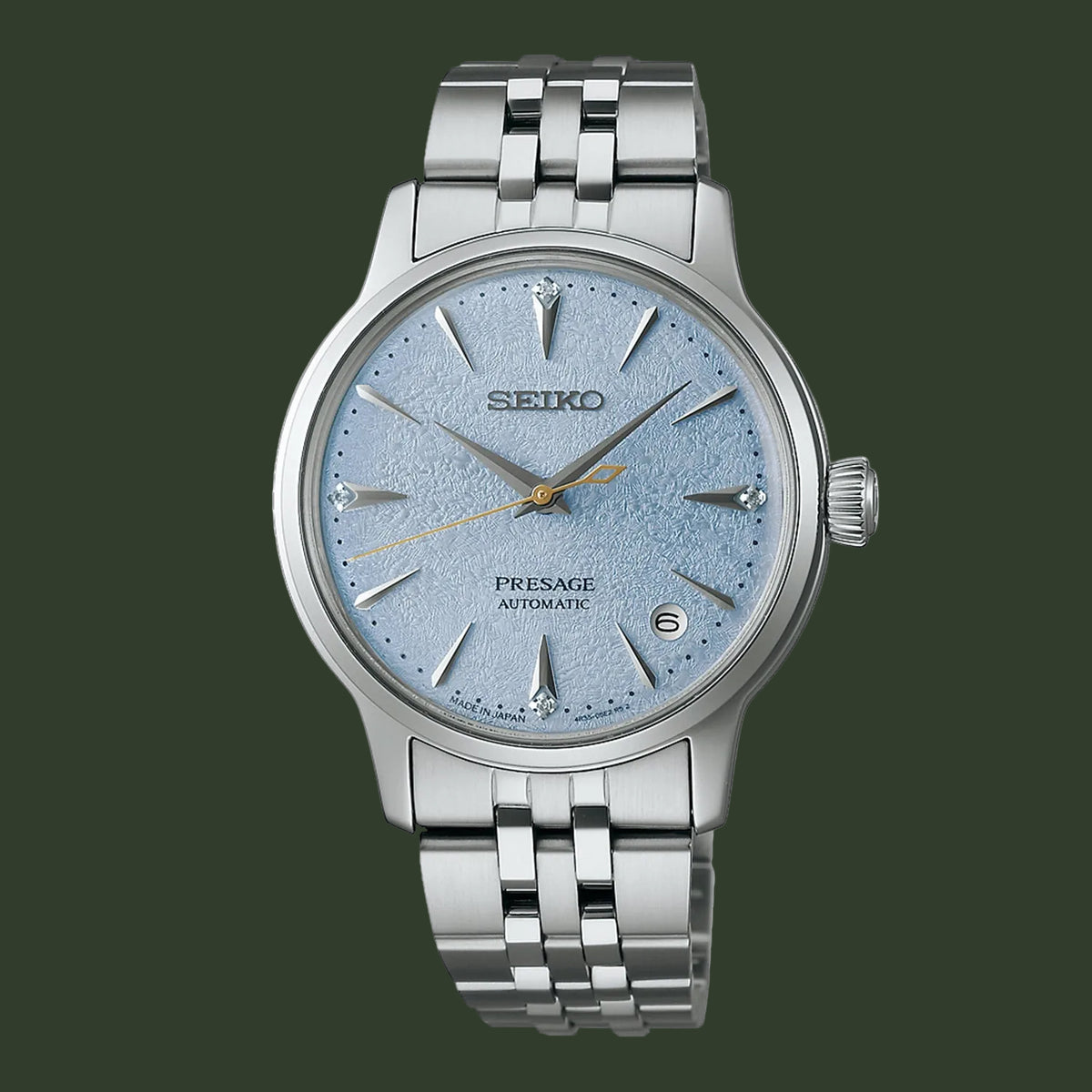 Seiko Presage watch with silver metal bracelet on a white background