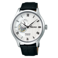 A Seiko Presage Automatic watch with a silver-tone stainless steel case, a white textured dial featuring a skeletonized window showing the inner movement, and a black leather strap.