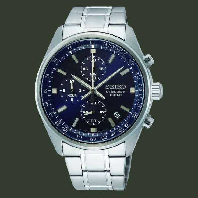A Seiko chronograph watch with a silver stainless steel link bracelet, a blue dial, and gold-tone hands and markers, shown against a plain white background.