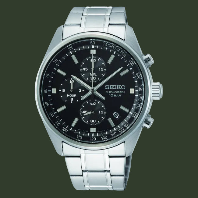 Seiko watch with black dial and silver metal strap on a white background
