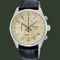 Seiko watch with black leather strap and beige dial on a white background. 