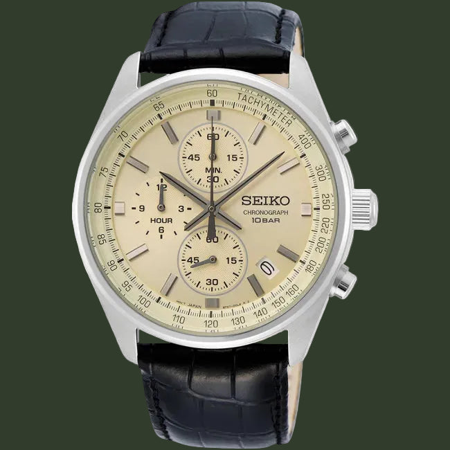 Seiko watch with black leather strap and beige dial on a white background. 