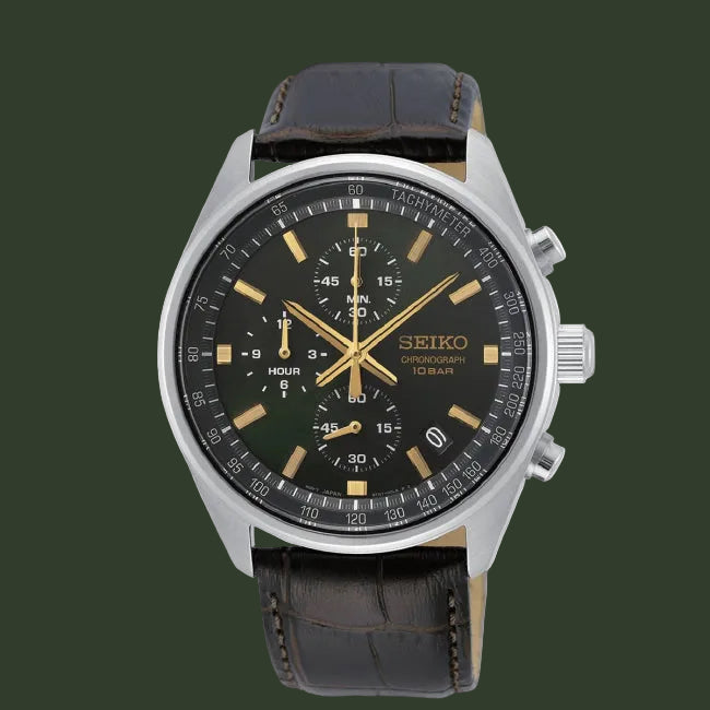 A Seiko chronograph watch with a dark green dial, silver-tone stainless steel case, and a dark brown leather strap, shown against a plain white background.