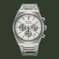 Silver Seiko chronograph watch on a white background