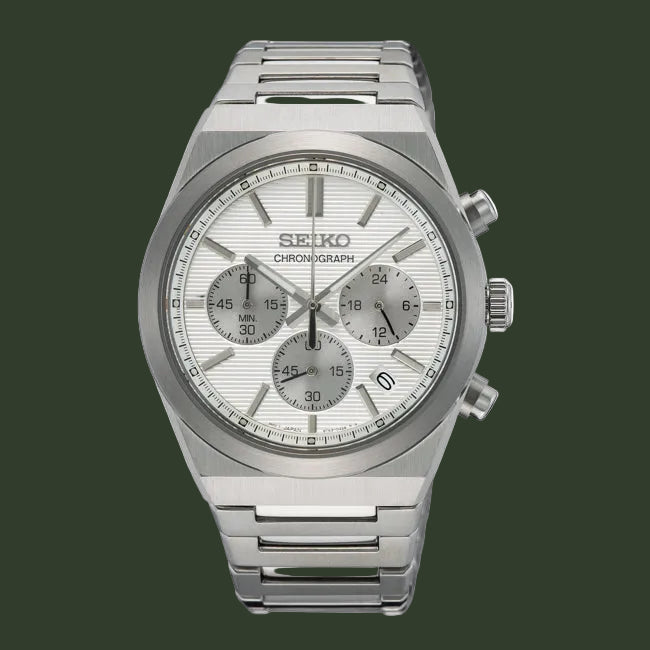 Silver Seiko chronograph watch on a white background