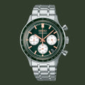 A Seiko chronograph watch with a silver stainless steel link bracelet, a dark green dial, and a matching green tachymeter bezel with rose gold markers.