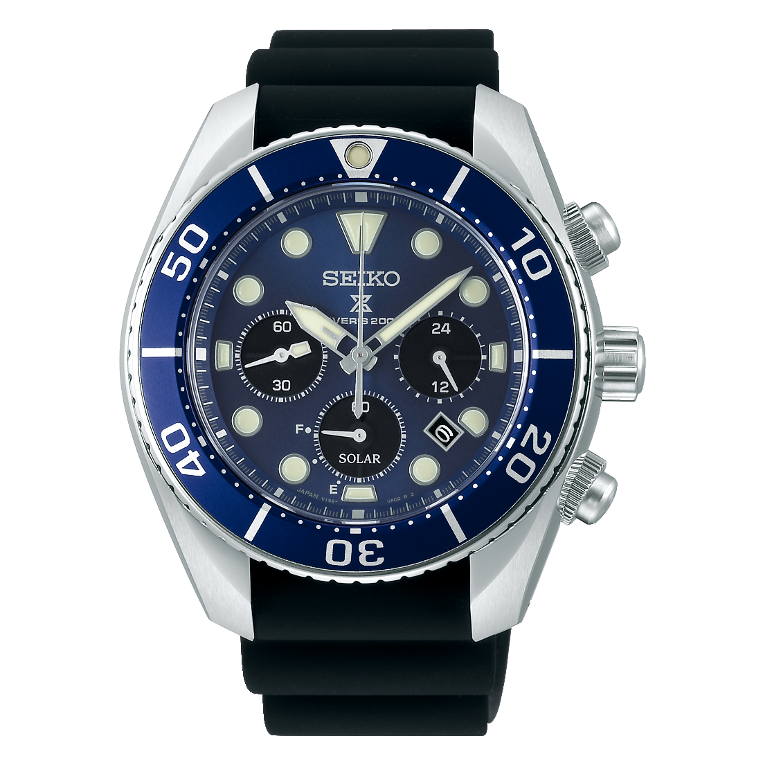 Seiko watch with blue dial and black strap on a black background