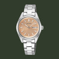 A Seiko women's analog watch with a silver stainless steel link bracelet, a round silver case, and a warm champagne-gold dial with silver hour markers and hands.