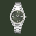 A Seiko stainless steel wristwatch with a dark olive green dial, silver-tone case, and matching metal link bracelet, shown against a plain white background.