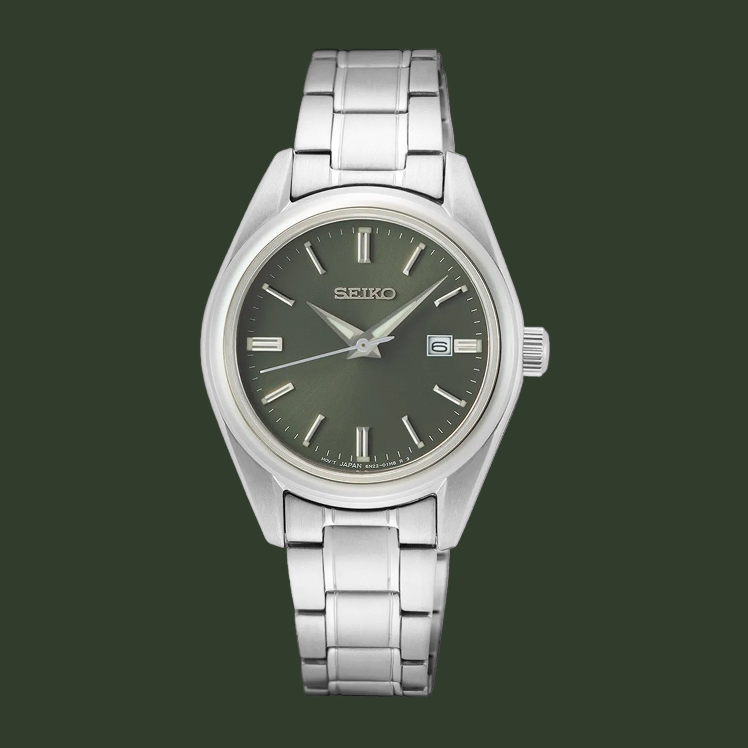 A Seiko stainless steel wristwatch with a dark olive green dial, silver-tone case, and matching metal link bracelet, shown against a plain white background.
