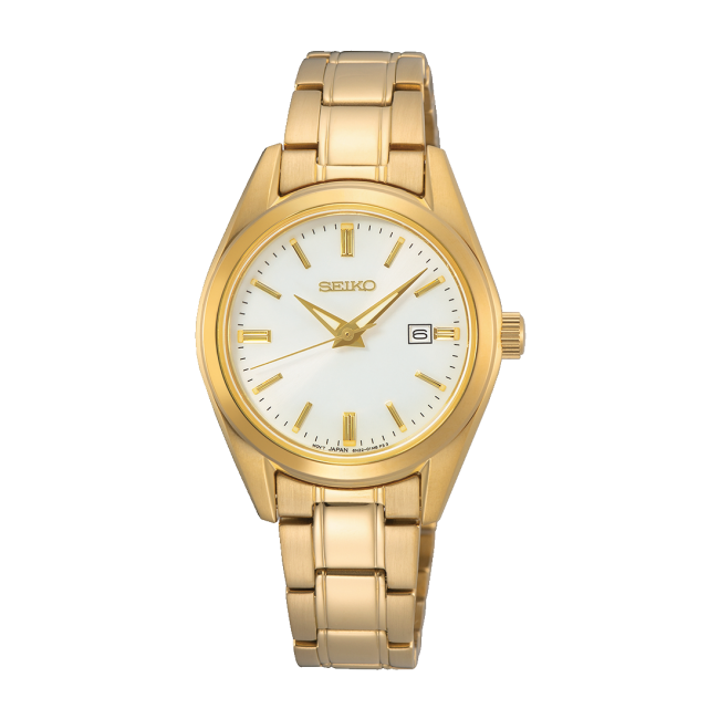 Gold Seiko watch on a white background