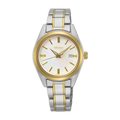 Seiko watch with two-tone silver and gold band on white background
