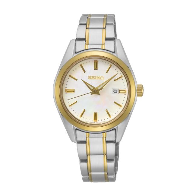 Seiko watch with two-tone silver and gold band on white background