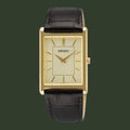 Seiko watch with gold case and brown leather strap on a white background