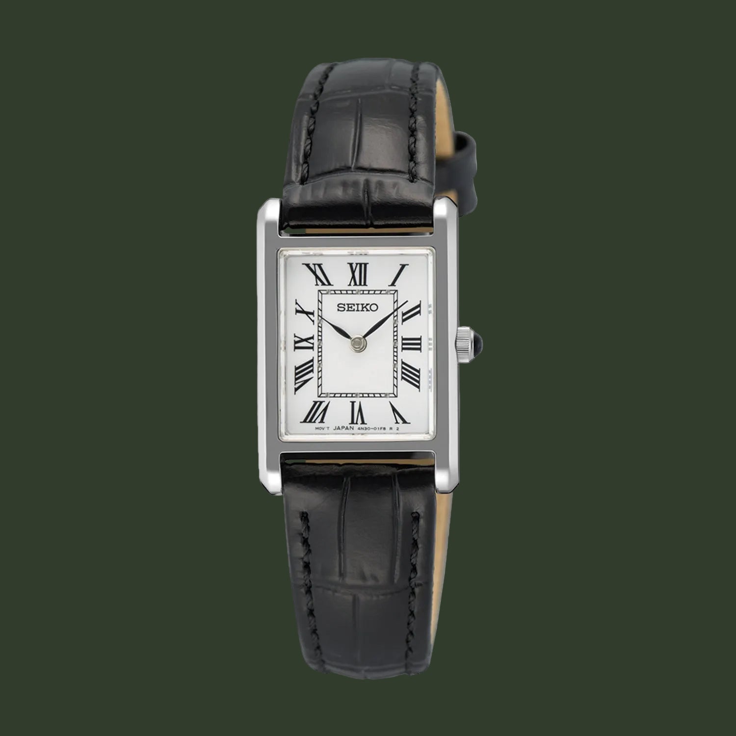 A Seiko analog wristwatch with a silver-tone rectangular case, white dial with black Roman numerals, and a black leather strap, shown against a plain white background.