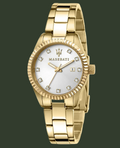 Gold Maserati watch with a white face on a white background