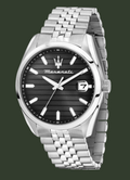 Maserati watch with black face and silver metal bracelet on a white background