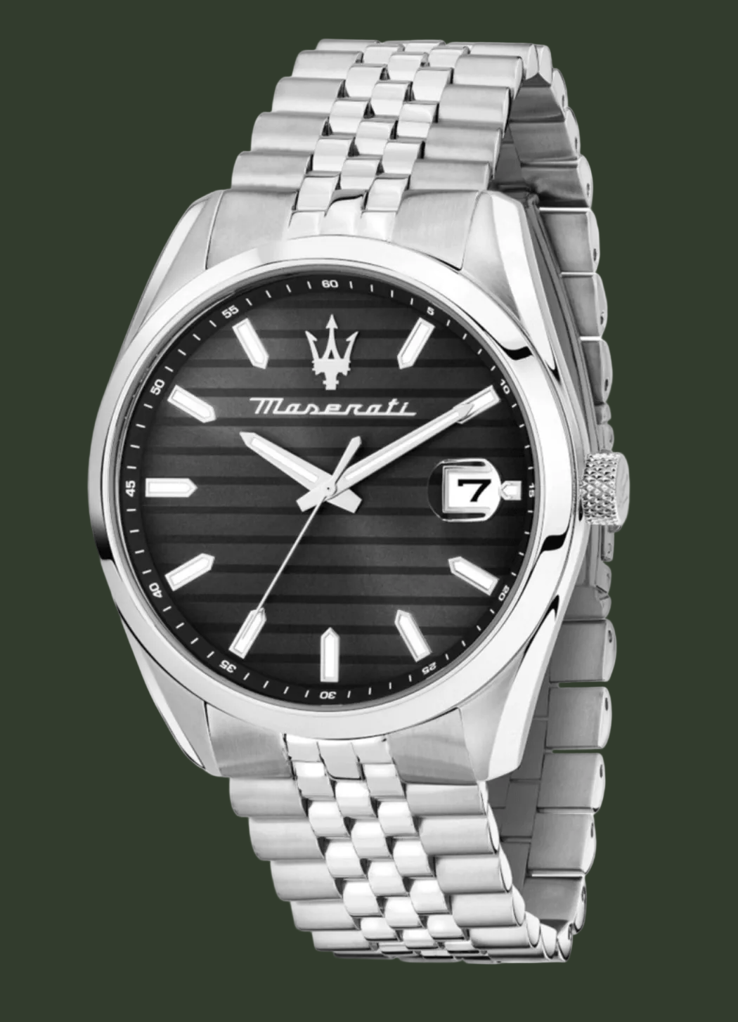 Maserati watch with black face and silver metal bracelet on a white background