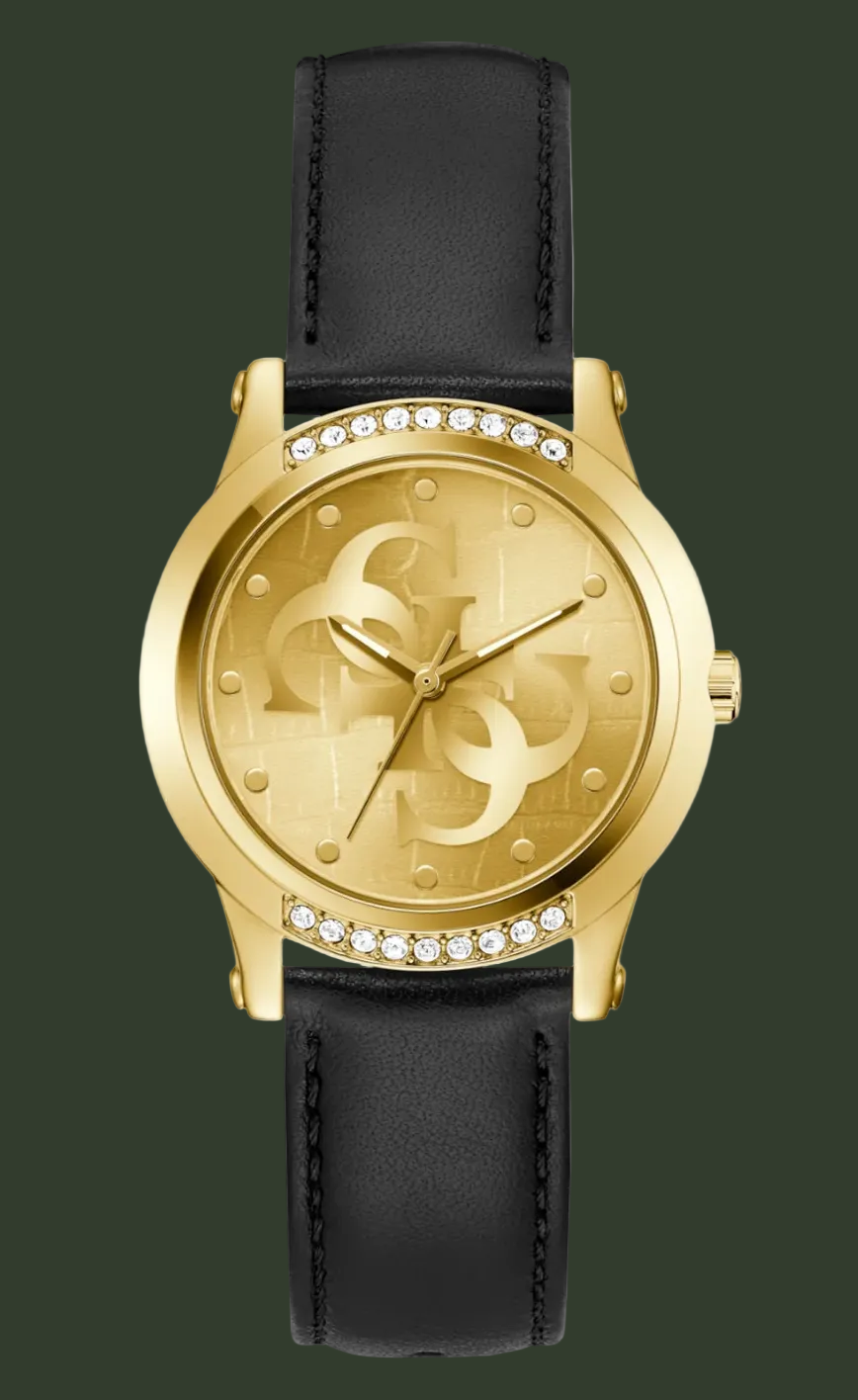 Gold watch with black leather strap on a white background