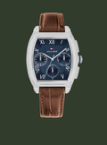 Tommy Hilfiger watch with brown leather strap on a white background