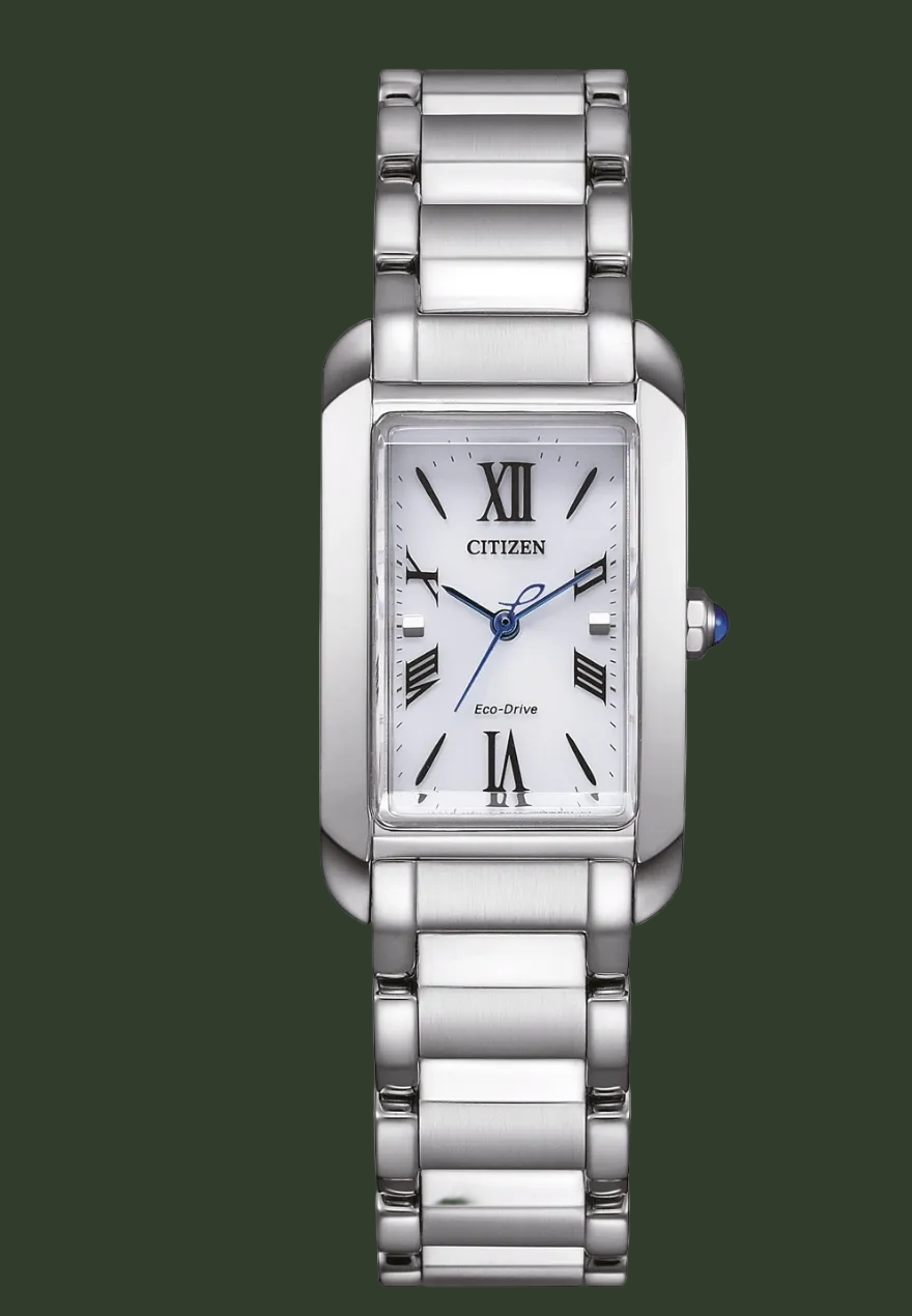 Silver Citizen watch with a white face on a white background